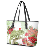 Pastel Green Hawaii Chameleon Christmas Leather Tote Bag Mele Kalikimaka Kakau - Watercolor LT14 - Polynesian Pride