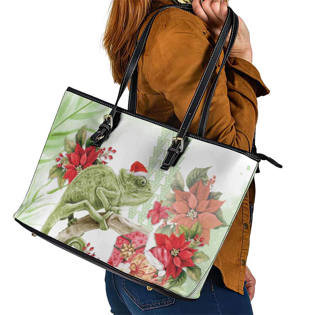 Pastel Green Hawaii Chameleon Christmas Leather Tote Bag Mele Kalikimaka Kakau - Watercolor LT14 - Polynesian Pride