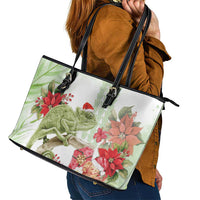 Pastel Green Hawaii Chameleon Christmas Leather Tote Bag Mele Kalikimaka Kakau - Watercolor LT14 - Polynesian Pride