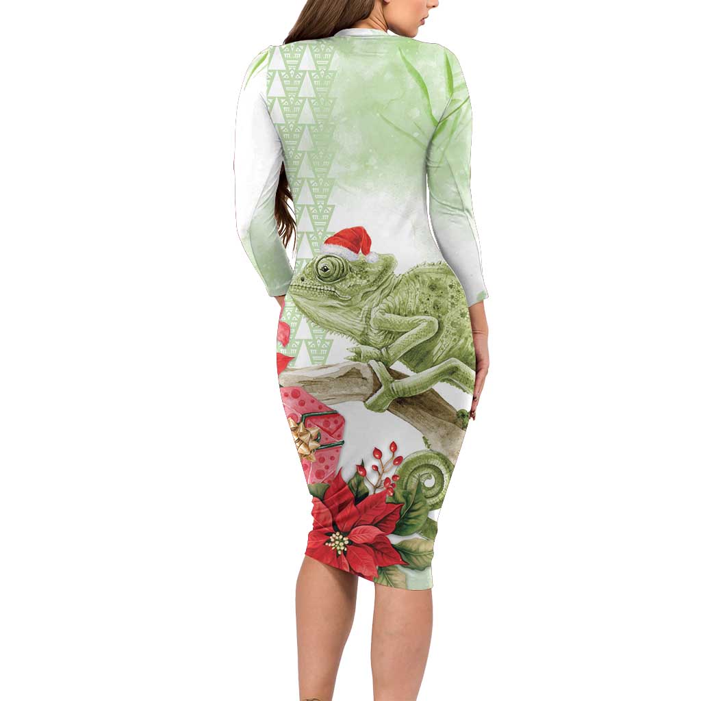 Pastel Green Hawaii Chameleon Christmas Long Sleeve Bodycon Dress Mele Kalikimaka Kakau - Watercolor LT14 - Polynesian Pride
