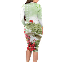 Pastel Green Hawaii Chameleon Christmas Long Sleeve Bodycon Dress Mele Kalikimaka Kakau - Watercolor LT14 - Polynesian Pride