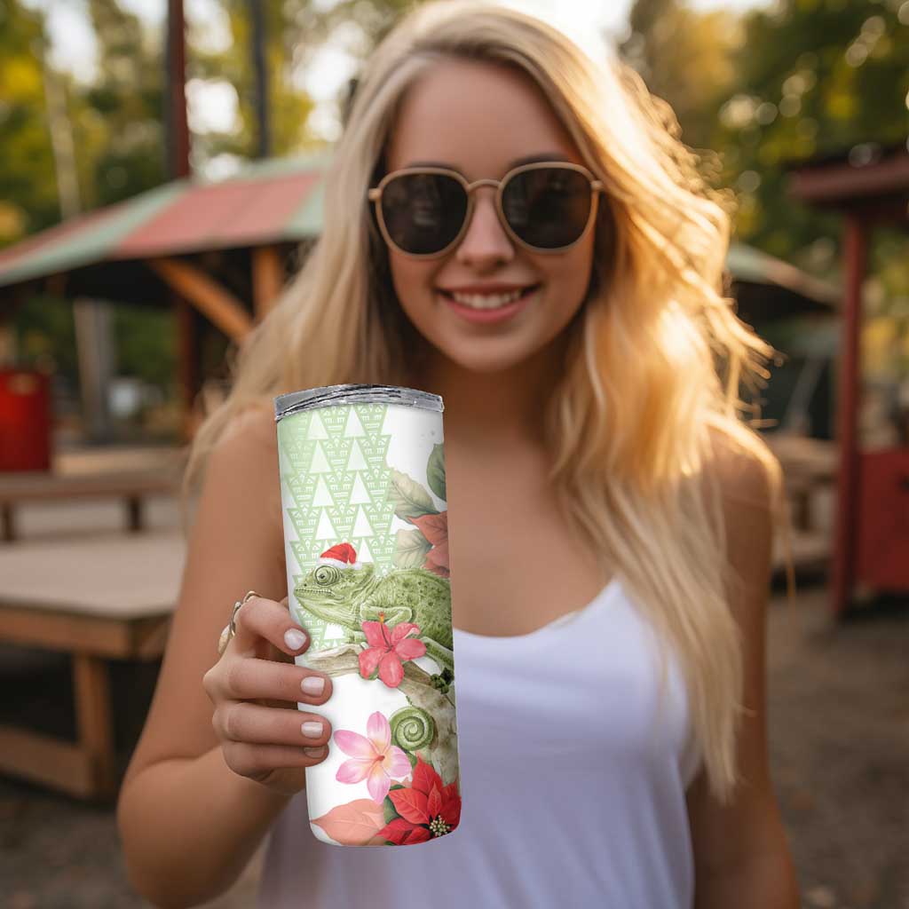 Pastel Green Hawaii Chameleon Christmas Skinny Tumbler Mele Kalikimaka Kakau - Watercolor LT14 - Polynesian Pride