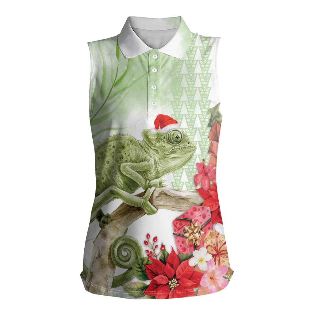 Pastel Green Hawaii Chameleon Christmas Women Sleeveless Polo Shirt Mele Kalikimaka Kakau - Watercolor LT14 Female Green - Polynesian Pride