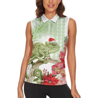 Pastel Green Hawaii Chameleon Christmas Women Sleeveless Polo Shirt Mele Kalikimaka Kakau - Watercolor LT14 - Polynesian Pride