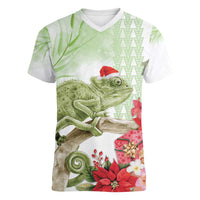 Pastel Green Hawaii Chameleon Christmas Women V-Neck T-Shirt Mele Kalikimaka Kakau - Watercolor LT14 Female Green - Polynesian Pride