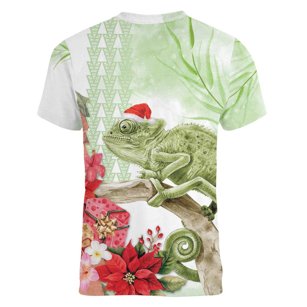 Pastel Green Hawaii Chameleon Christmas Women V-Neck T-Shirt Mele Kalikimaka Kakau - Watercolor LT14 - Polynesian Pride