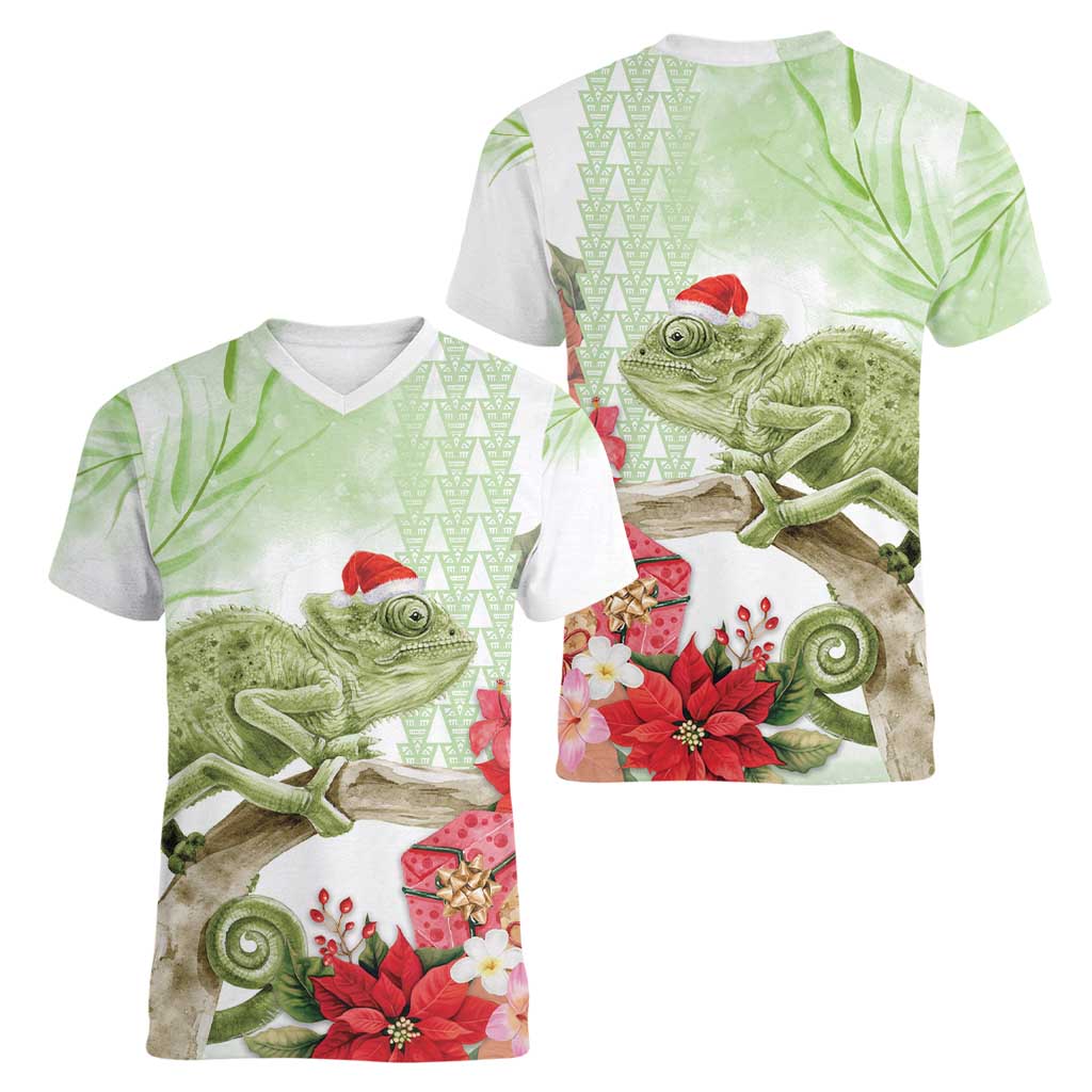 Pastel Green Hawaii Chameleon Christmas Women V-Neck T-Shirt Mele Kalikimaka Kakau - Watercolor LT14 - Polynesian Pride
