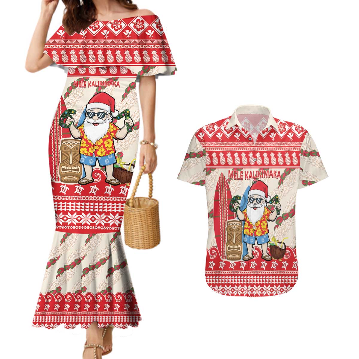 Hawaii Christmas Six Seven Couples Matching Mermaid Dress and Hawaiian Shirt Mele Kalikimaka Funny Santa 67 Gen Alpha Slang LT14 Red - Polynesian Pride