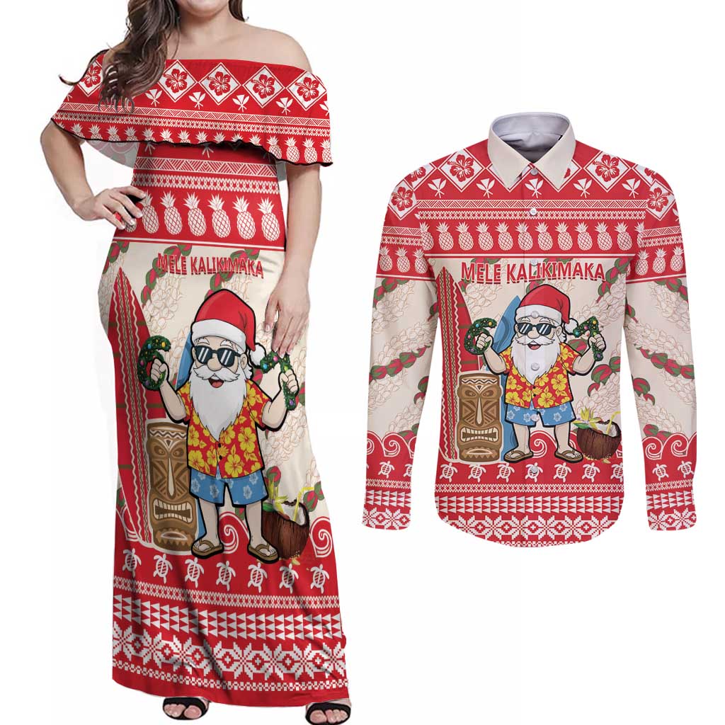 Hawaii Christmas Six Seven Couples Matching Off Shoulder Maxi Dress and Long Sleeve Button Shirt Mele Kalikimaka Funny Santa 67 Gen Alpha Slang - Polynesian Pride
