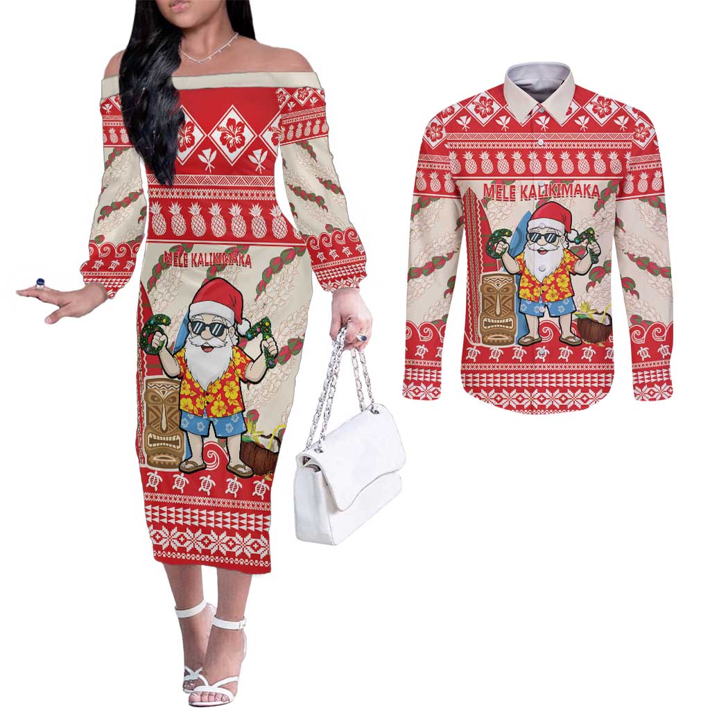 Hawaii Christmas Six Seven Couples Matching Off The Shoulder Long Sleeve Dress and Long Sleeve Button Shirt Mele Kalikimaka Funny Santa 67 Gen Alpha Slang LT14 Red - Polynesian Pride