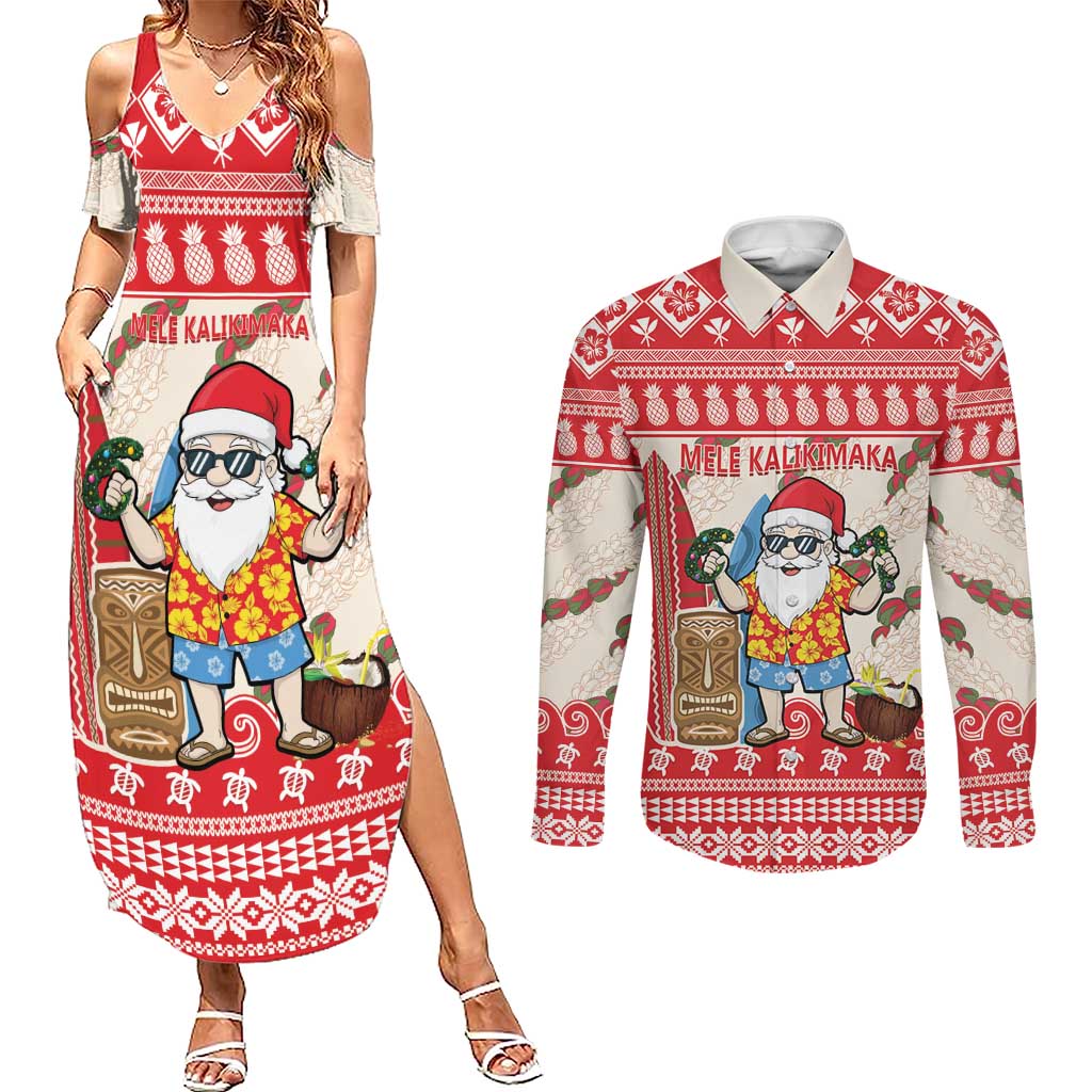 Hawaii Christmas Six Seven Couples Matching Summer Maxi Dress and Long Sleeve Button Shirt Mele Kalikimaka Funny Santa 67 Gen Alpha Slang LT14 Red - Polynesian Pride