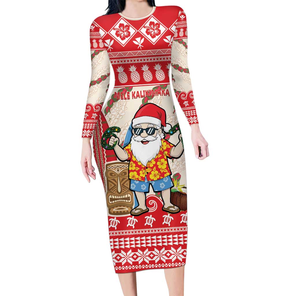 Hawaii Christmas Six Seven Long Sleeve Bodycon Dress Mele Kalikimaka Funny Santa 67 Gen Alpha Slang LT14 Long Dress Red - Polynesian Pride