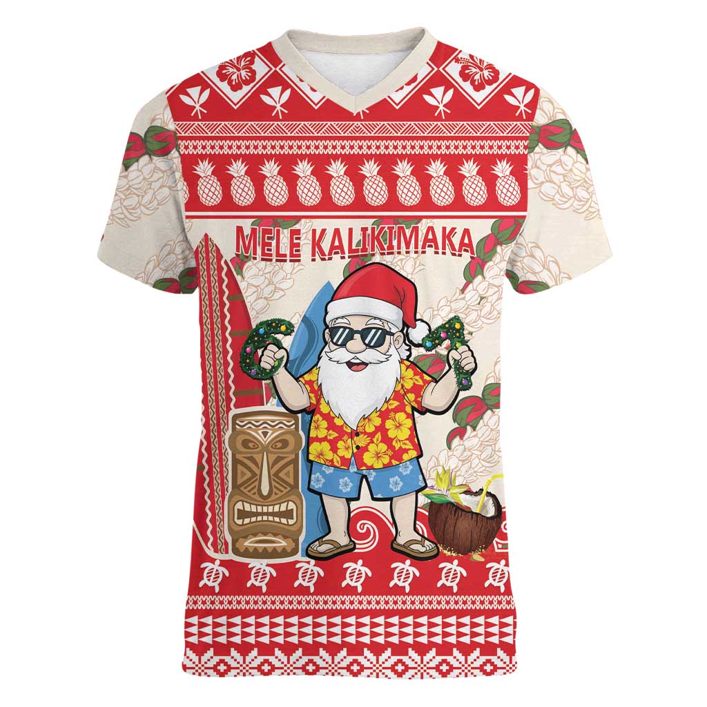 Hawaii Christmas Six Seven Women V-Neck T-Shirt Mele Kalikimaka Funny Santa 67 Gen Alpha Slang - Polynesian Pride