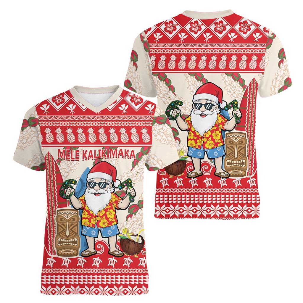 Hawaii Christmas Six Seven Women V-Neck T-Shirt Mele Kalikimaka Funny Santa 67 Gen Alpha Slang LT14 - Polynesian Pride