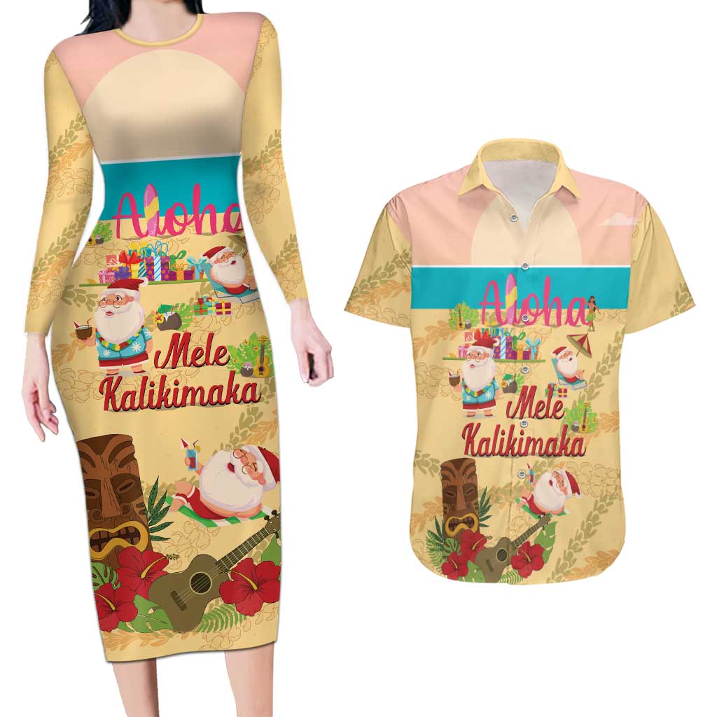 Aloha Hawaii Mele Kalikimaka Couples Matching Long Sleeve Bodycon Dress and Hawaiian Shirt Beachy Funny Santa Hawaiian Lei LT14 Yellow - Polynesian Pride