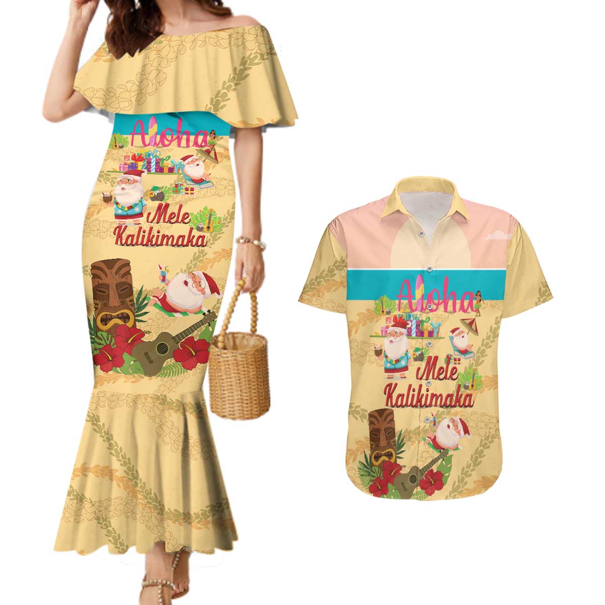 Aloha Hawaii Mele Kalikimaka Couples Matching Mermaid Dress and Hawaiian Shirt Beachy Funny Santa Hawaiian Lei - Polynesian Pride