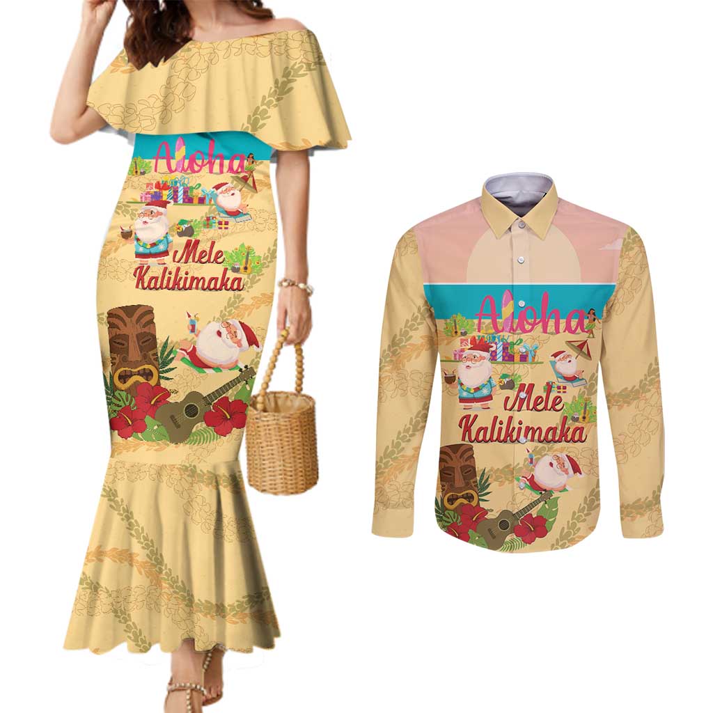 Aloha Hawaii Mele Kalikimaka Couples Matching Mermaid Dress and Long Sleeve Button Shirt Beachy Funny Santa Hawaiian Lei - Polynesian Pride
