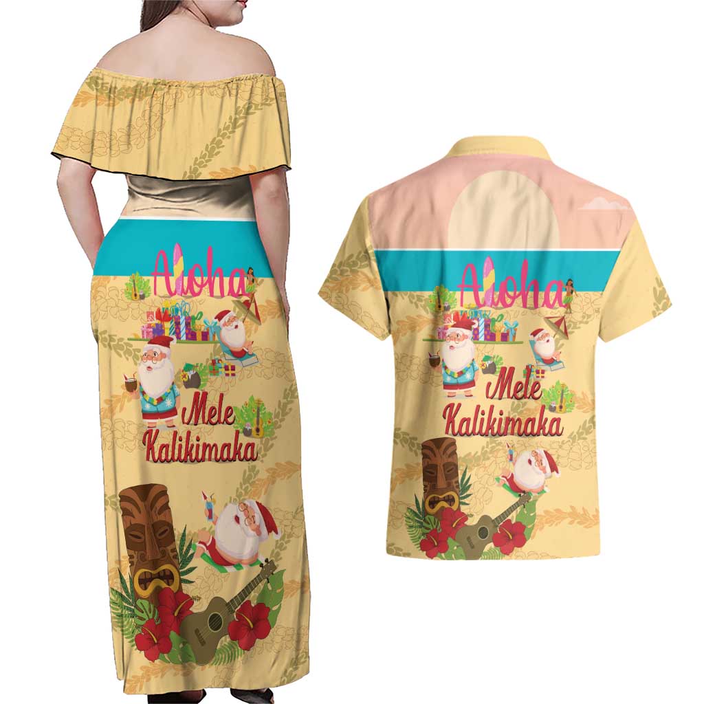 Aloha Hawaii Mele Kalikimaka Couples Matching Off Shoulder Maxi Dress and Hawaiian Shirt Beachy Funny Santa Hawaiian Lei LT14 - Polynesian Pride