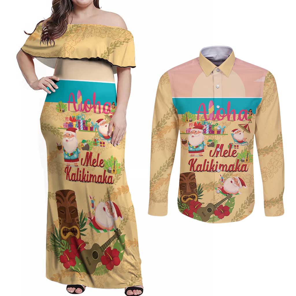 Aloha Hawaii Mele Kalikimaka Couples Matching Off Shoulder Maxi Dress and Long Sleeve Button Shirt Beachy Funny Santa Hawaiian Lei LT14 Yellow - Polynesian Pride