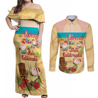 Aloha Hawaii Mele Kalikimaka Couples Matching Off Shoulder Maxi Dress and Long Sleeve Button Shirt Beachy Funny Santa Hawaiian Lei LT14 Yellow - Polynesian Pride