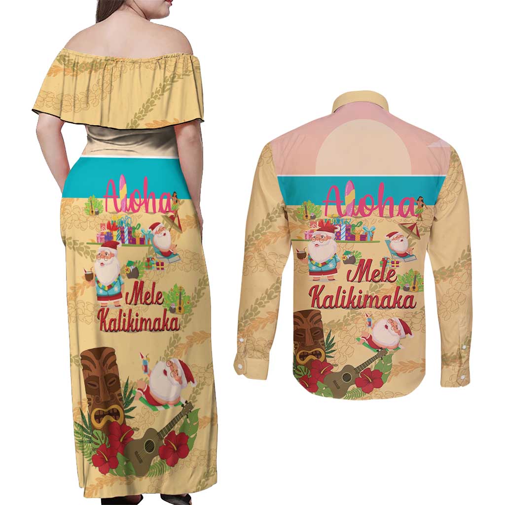Aloha Hawaii Mele Kalikimaka Couples Matching Off Shoulder Maxi Dress and Long Sleeve Button Shirt Beachy Funny Santa Hawaiian Lei LT14 - Polynesian Pride