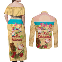 Aloha Hawaii Mele Kalikimaka Couples Matching Off Shoulder Maxi Dress and Long Sleeve Button Shirt Beachy Funny Santa Hawaiian Lei LT14 - Polynesian Pride