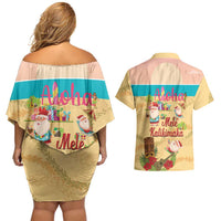 Aloha Hawaii Mele Kalikimaka Couples Matching Off Shoulder Short Dress and Hawaiian Shirt Beachy Funny Santa Hawaiian Lei LT14 - Polynesian Pride