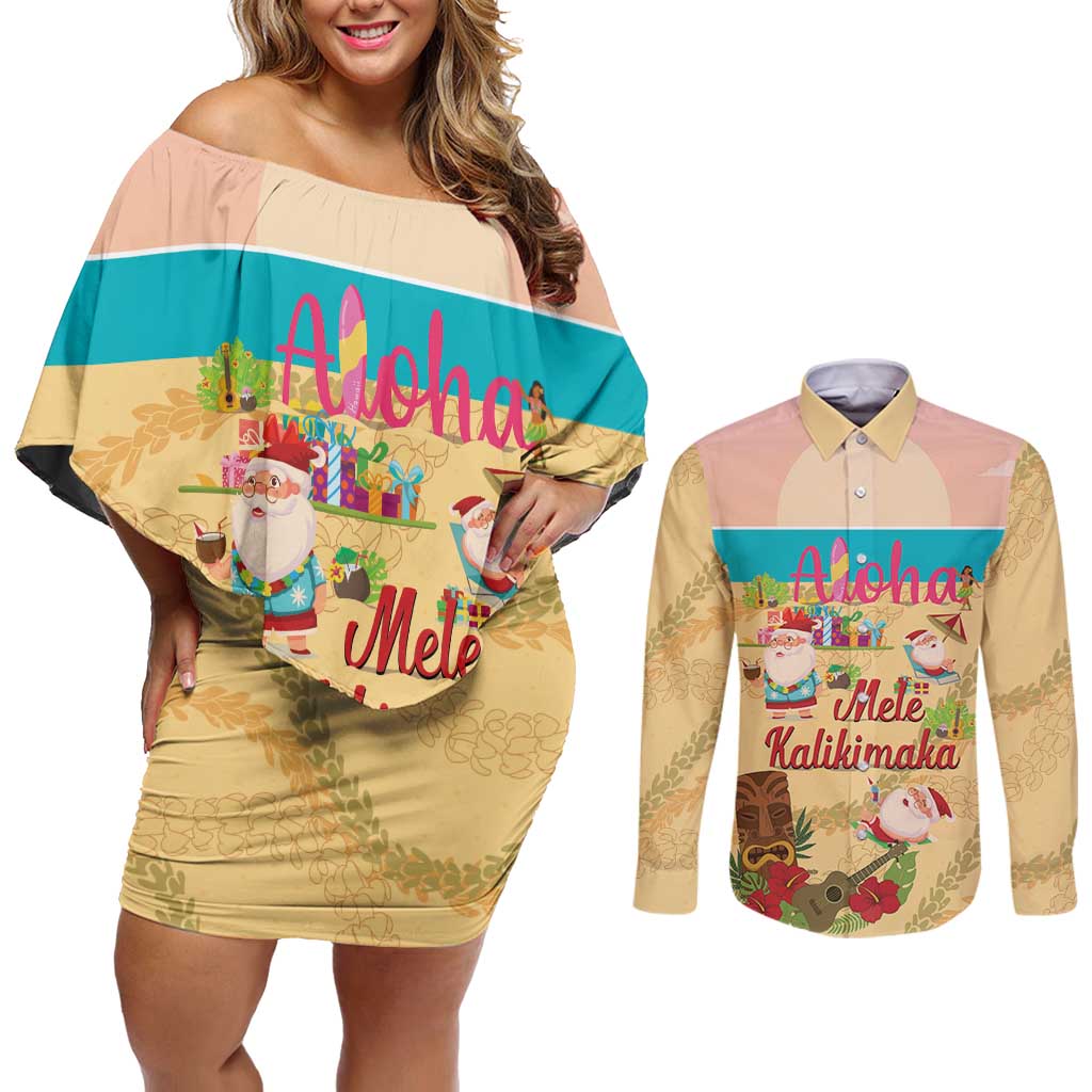 Aloha Hawaii Mele Kalikimaka Couples Matching Off Shoulder Short Dress and Long Sleeve Button Shirt Beachy Funny Santa Hawaiian Lei LT14 Yellow - Polynesian Pride