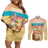 Aloha Hawaii Mele Kalikimaka Couples Matching Off Shoulder Short Dress and Long Sleeve Button Shirt Beachy Funny Santa Hawaiian Lei LT14 Yellow - Polynesian Pride