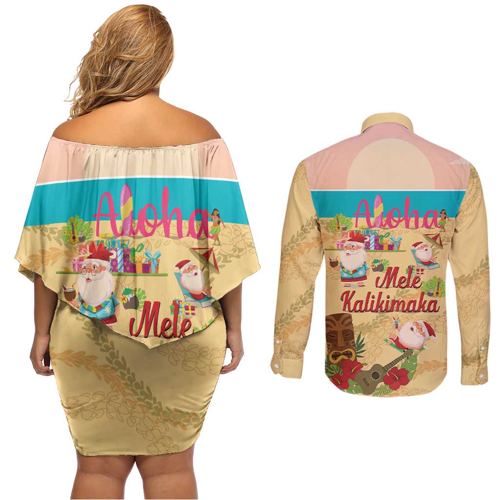 Aloha Hawaii Mele Kalikimaka Couples Matching Off Shoulder Short Dress and Long Sleeve Button Shirt Beachy Funny Santa Hawaiian Lei LT14 - Polynesian Pride