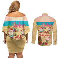 Aloha Hawaii Mele Kalikimaka Couples Matching Off Shoulder Short Dress and Long Sleeve Button Shirt Beachy Funny Santa Hawaiian Lei LT14 - Polynesian Pride