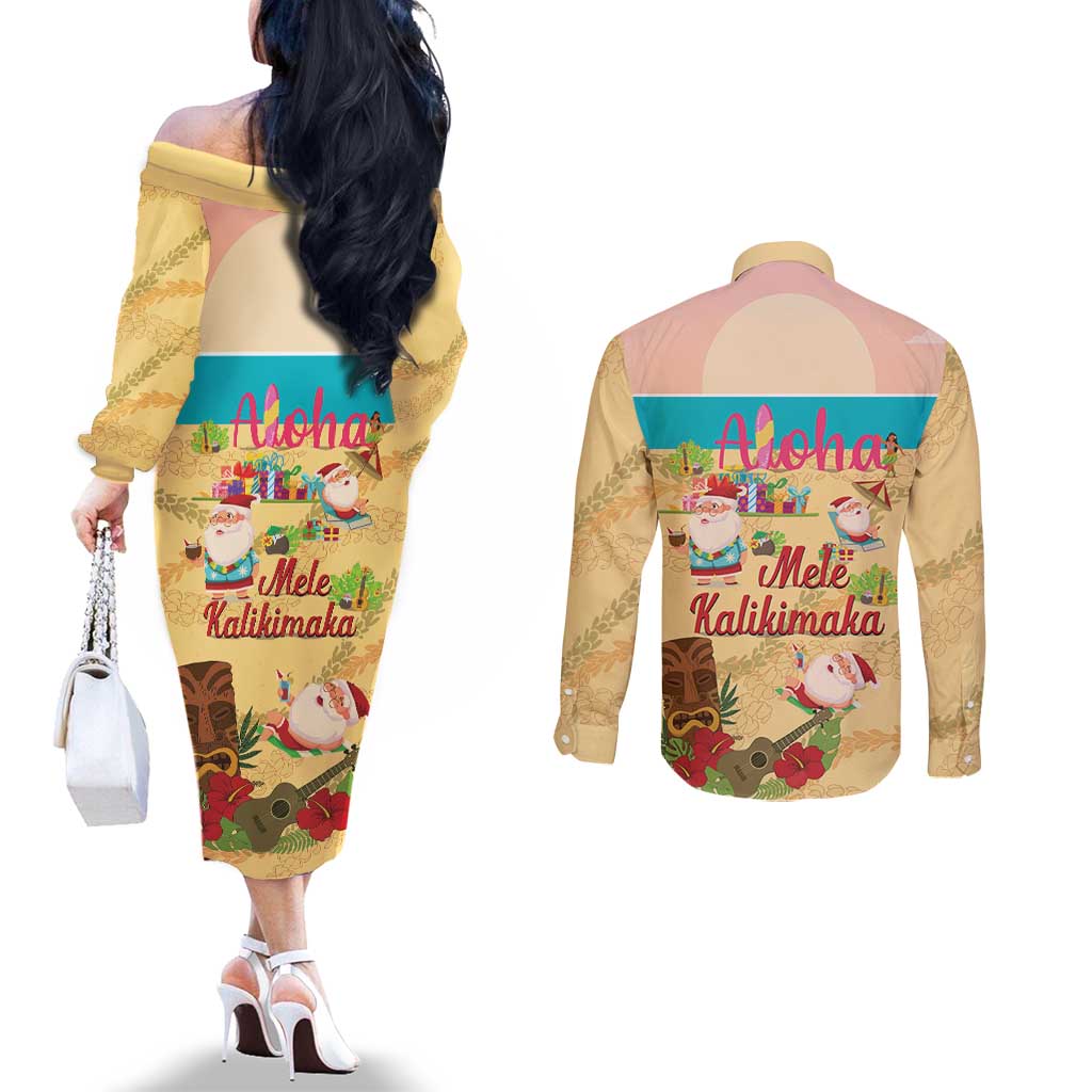 Aloha Hawaii Mele Kalikimaka Couples Matching Off The Shoulder Long Sleeve Dress and Long Sleeve Button Shirt Beachy Funny Santa Hawaiian Lei LT14 - Polynesian Pride
