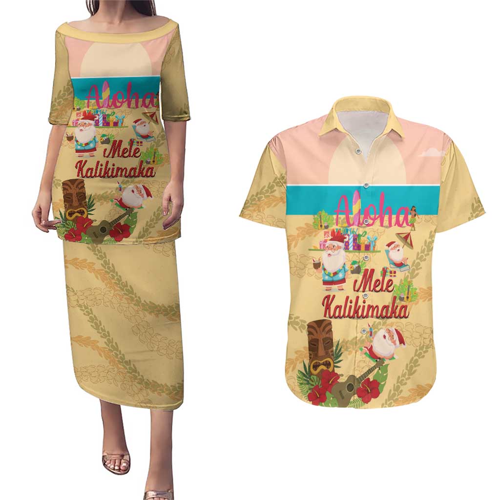 Aloha Hawaii Mele Kalikimaka Couples Matching Puletasi and Hawaiian Shirt Beachy Funny Santa Hawaiian Lei LT14 Yellow - Polynesian Pride