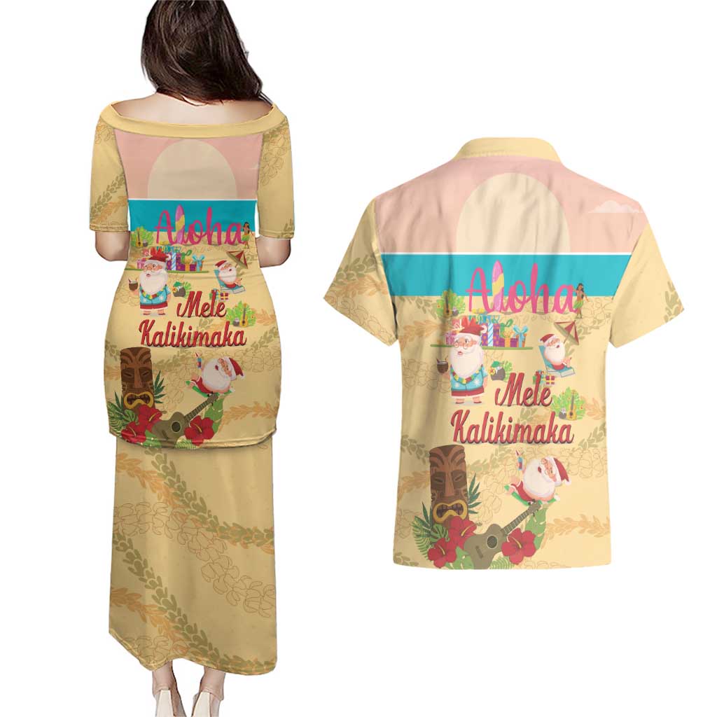 Aloha Hawaii Mele Kalikimaka Couples Matching Puletasi and Hawaiian Shirt Beachy Funny Santa Hawaiian Lei LT14 - Polynesian Pride