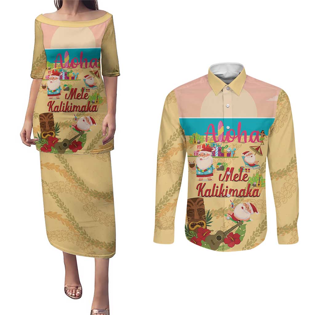 Aloha Hawaii Mele Kalikimaka Couples Matching Puletasi and Long Sleeve Button Shirt Beachy Funny Santa Hawaiian Lei LT14 Yellow - Polynesian Pride