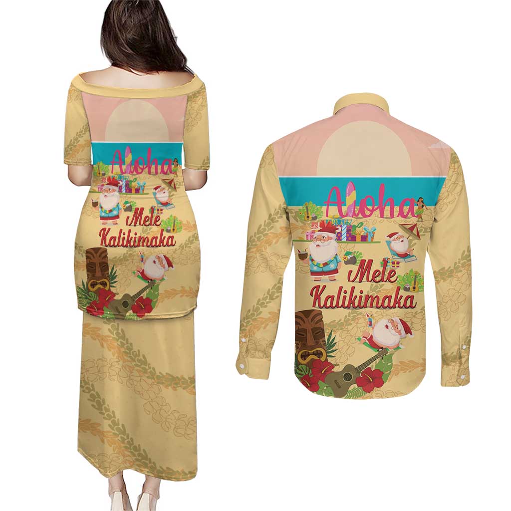Aloha Hawaii Mele Kalikimaka Couples Matching Puletasi and Long Sleeve Button Shirt Beachy Funny Santa Hawaiian Lei LT14 - Polynesian Pride