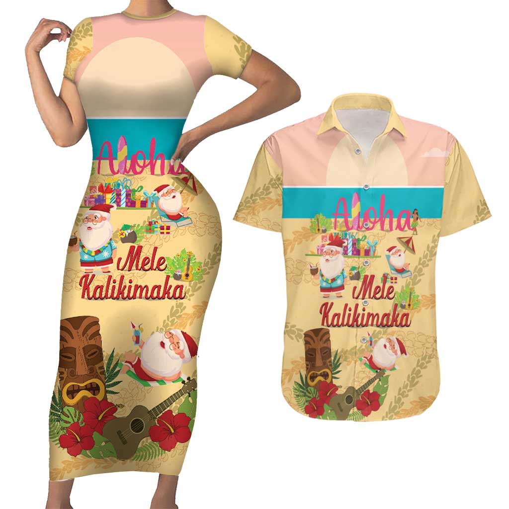 Aloha Hawaii Mele Kalikimaka Couples Matching Short Sleeve Bodycon Dress and Hawaiian Shirt Beachy Funny Santa Hawaiian Lei - Polynesian Pride