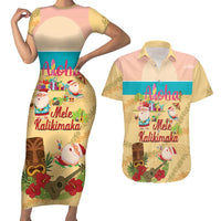 Aloha Hawaii Mele Kalikimaka Couples Matching Short Sleeve Bodycon Dress and Hawaiian Shirt Beachy Funny Santa Hawaiian Lei LT14 Yellow - Polynesian Pride