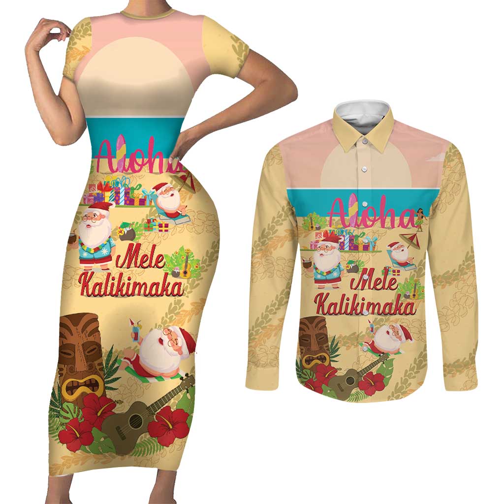 Aloha Hawaii Mele Kalikimaka Couples Matching Short Sleeve Bodycon Dress and Long Sleeve Button Shirt Beachy Funny Santa Hawaiian Lei - Polynesian Pride