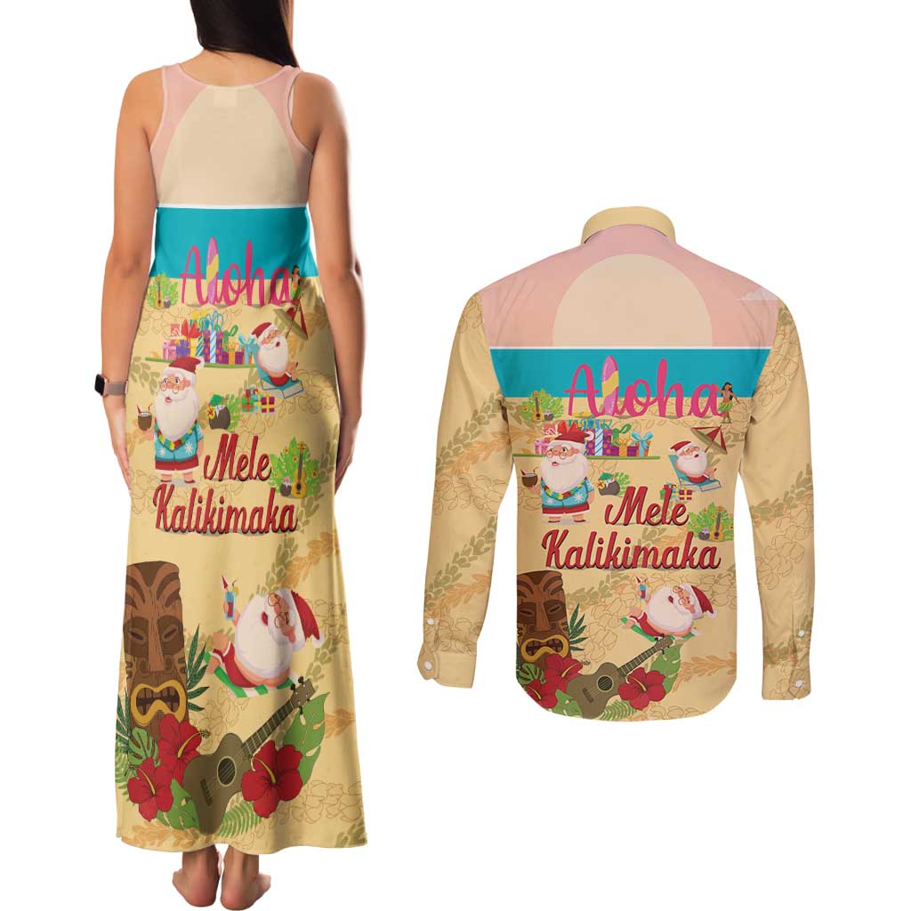 Aloha Hawaii Mele Kalikimaka Couples Matching Tank Maxi Dress and Long Sleeve Button Shirt Beachy Funny Santa Hawaiian Lei LT14 - Polynesian Pride