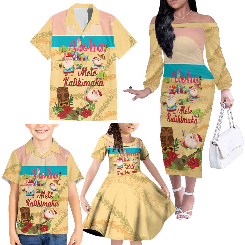 Aloha Hawaii Mele Kalikimaka Family Matching Off The Shoulder Long Sleeve Dress and Hawaiian Shirt Beachy Funny Santa Hawaiian Lei LT14 - Polynesian Pride