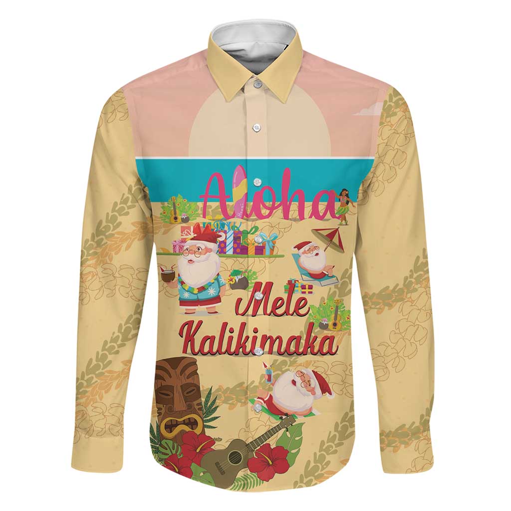 Aloha Hawaii Mele Kalikimaka Family Matching Off Shoulder Short Dress and Hawaiian Shirt Beachy Funny Santa Hawaiian Lei LT14 Dad's Shirt - Long Sleeve Yellow - Polynesian Pride