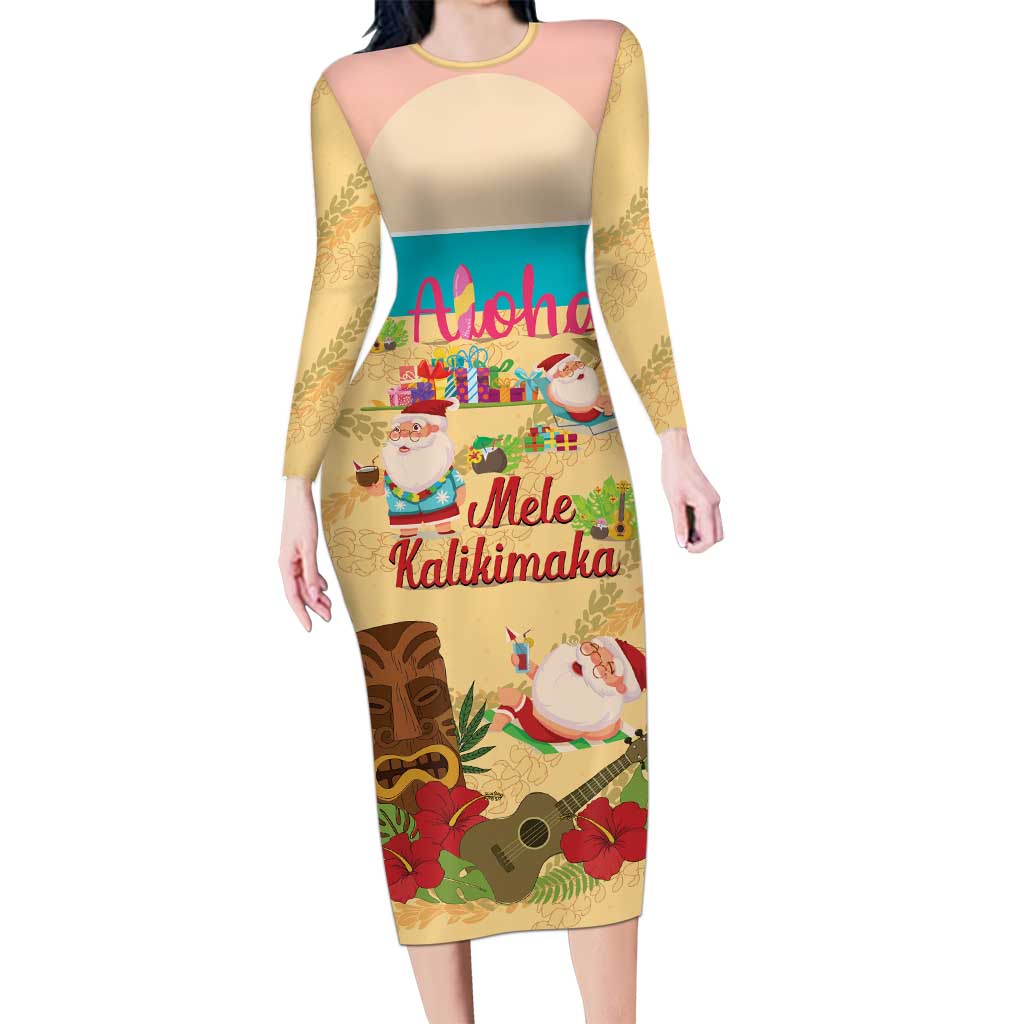 Aloha Hawaii Mele Kalikimaka Long Sleeve Bodycon Dress Beachy Funny Santa Hawaiian Lei LT14 Long Dress Yellow - Polynesian Pride