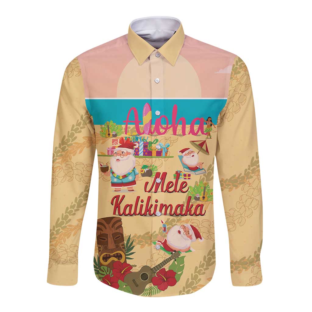 Aloha Hawaii Mele Kalikimaka Long Sleeve Button Shirt Beachy Funny Santa Hawaiian Lei LT14 Unisex Yellow - Polynesian Pride