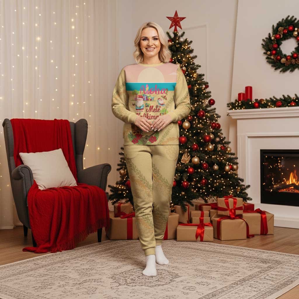Aloha Hawaii Mele Kalikimaka Christmas Pajama Set Beachy Funny Santa Hawaiian Lei LT14 Women Yellow - Polynesian Pride