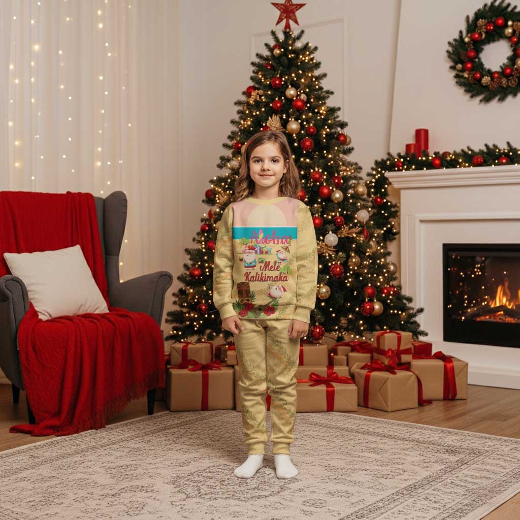 Aloha Hawaii Mele Kalikimaka Christmas Pajama Set Beachy Funny Santa Hawaiian Lei LT14 Kid Yellow - Polynesian Pride