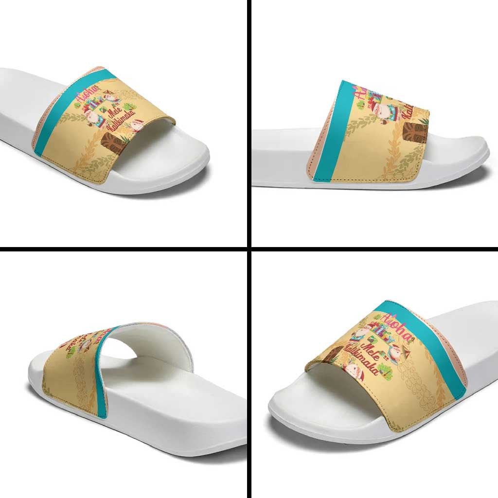 Aloha Hawaii Mele Kalikimaka Slide Sandals Beachy Funny Santa Hawaiian Lei - Polynesian Pride