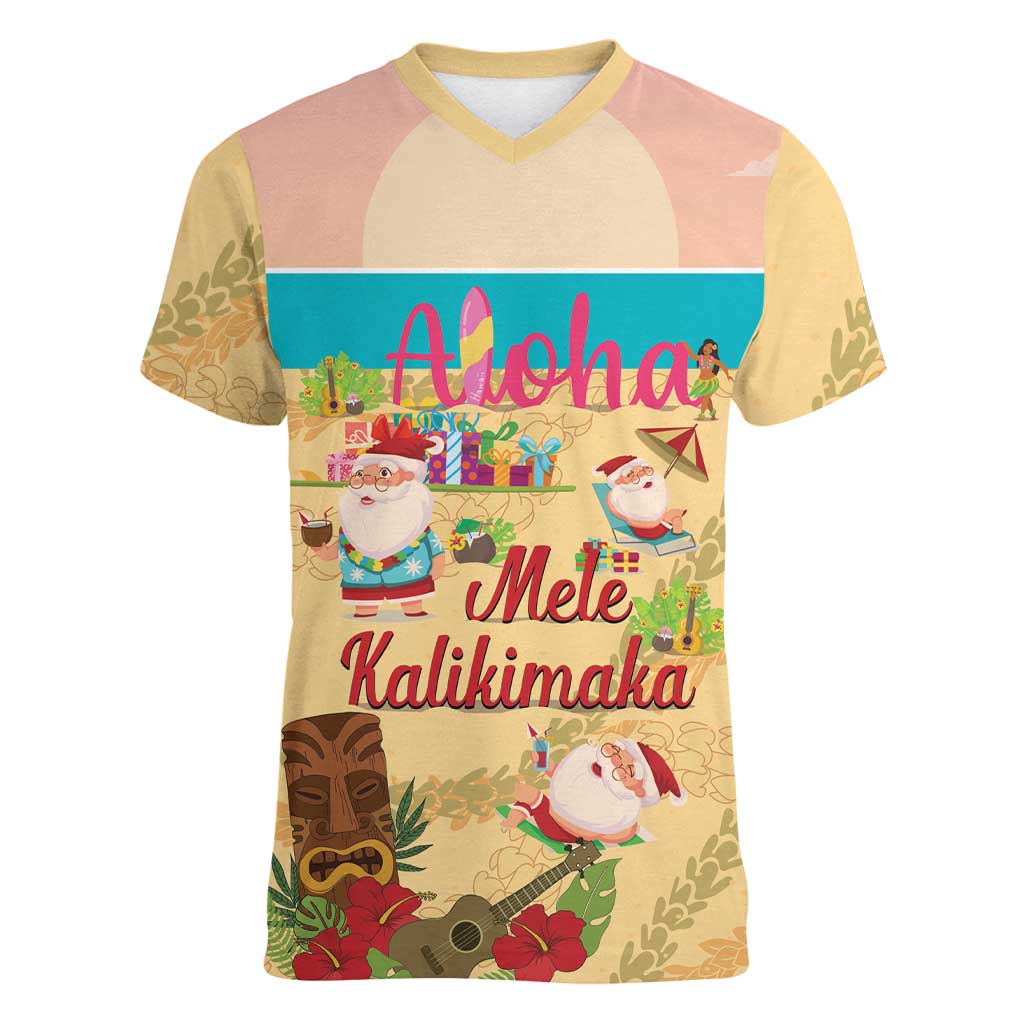 Aloha Hawaii Mele Kalikimaka Women V-Neck T-Shirt Beachy Funny Santa Hawaiian Lei LT14 Female Yellow - Polynesian Pride