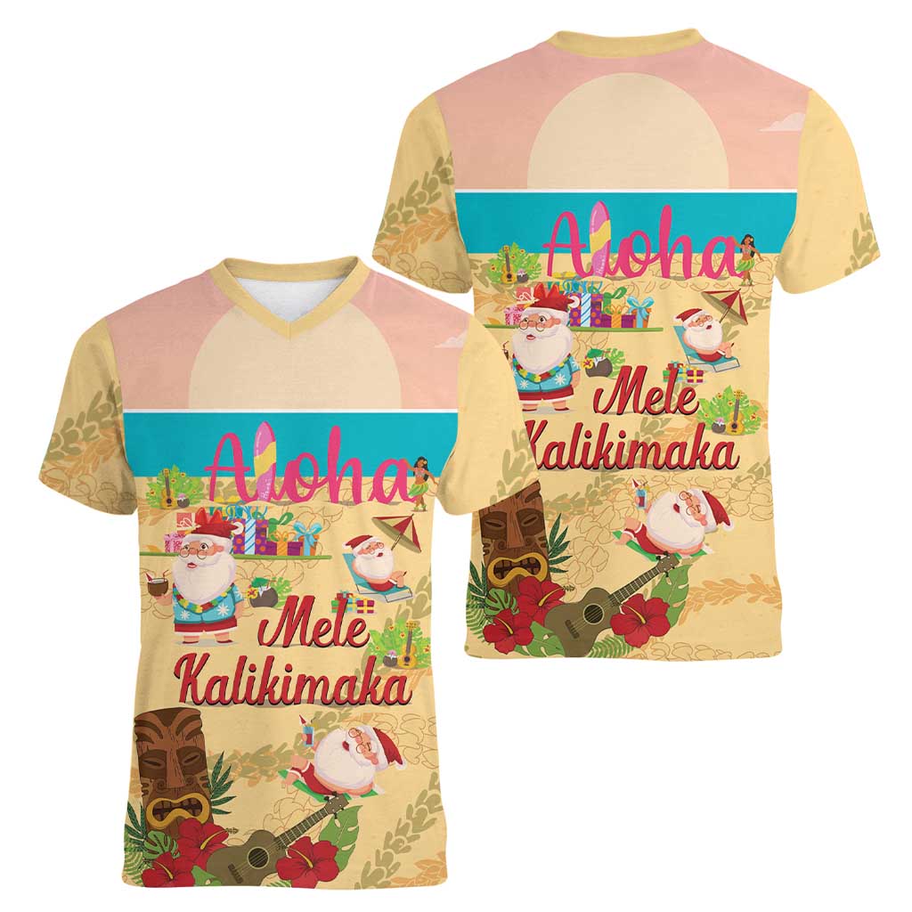 Aloha Hawaii Mele Kalikimaka Women V-Neck T-Shirt Beachy Funny Santa Hawaiian Lei LT14 - Polynesian Pride
