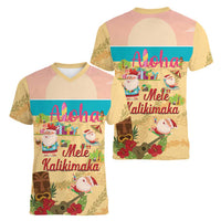Aloha Hawaii Mele Kalikimaka Women V-Neck T-Shirt Beachy Funny Santa Hawaiian Lei LT14 - Polynesian Pride